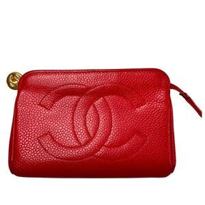 Vintage CHANEL Red Caviar Caviar Leather CC Top Zip Coin Change Card Wallet Bag